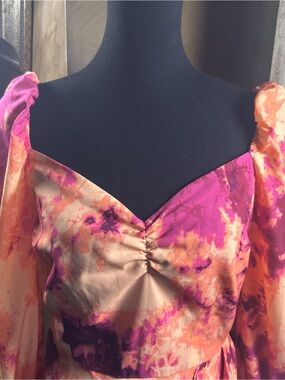 Bar III Women’s Medium Floral Puff Sleeve Mini Dress Pink Orange Ruched M